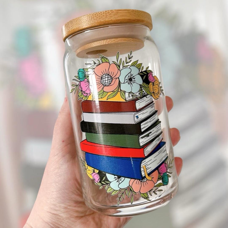 Floral Book Stack Glass Can Cup