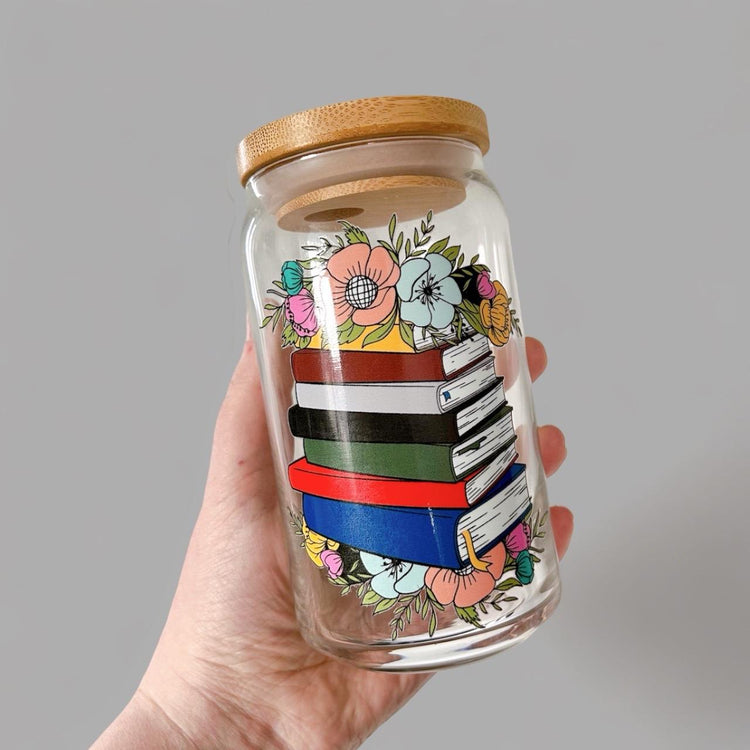 Floral Book Stack Glass Can Cup