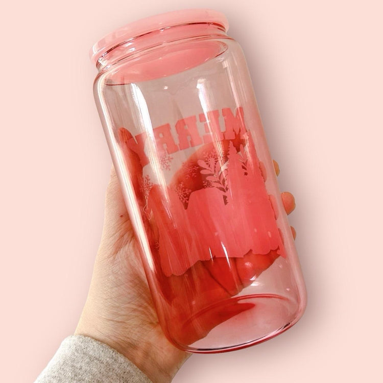 Merry Pink Glass Can Cup with an adorable Snowy Scene, lid & straw included