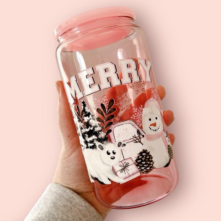 Merry Pink Glass Can Cup with an adorable Snowy Scene, lid & straw included