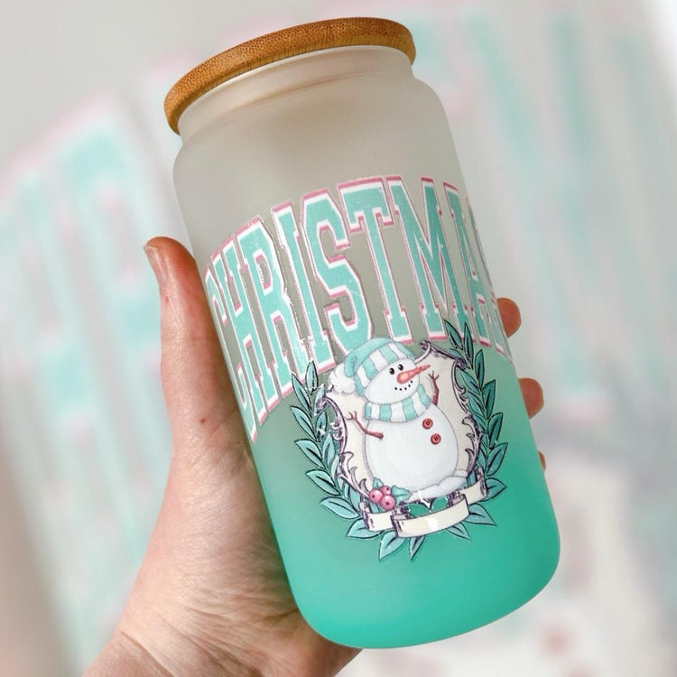 Christmas Snowman Frosted Ombré Glass Can Cup, Bamboo Lid & Glass Straw Included