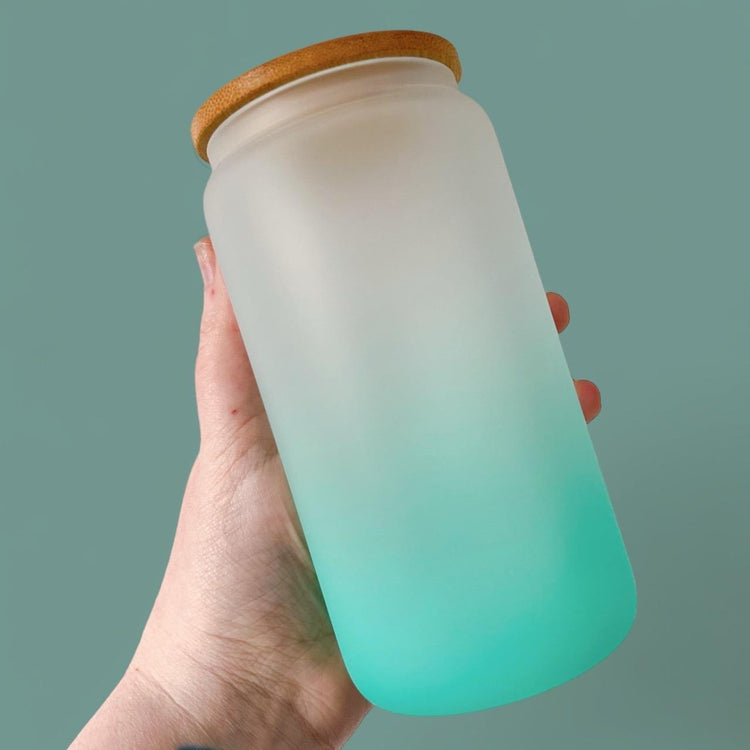 Christmas Snowman Frosted Ombré Glass Can Cup, Bamboo Lid & Glass Straw Included