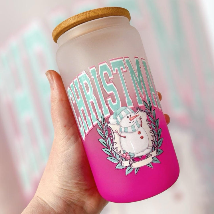 Christmas Snowman Frosted Ombré Glass Can Cup, Bamboo Lid & Glass Straw Included