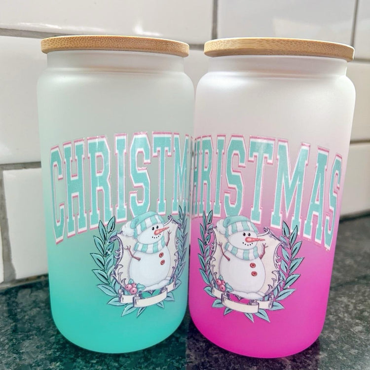 Christmas Snowman Frosted Ombré Glass Can Cup, Bamboo Lid & Glass Straw Included