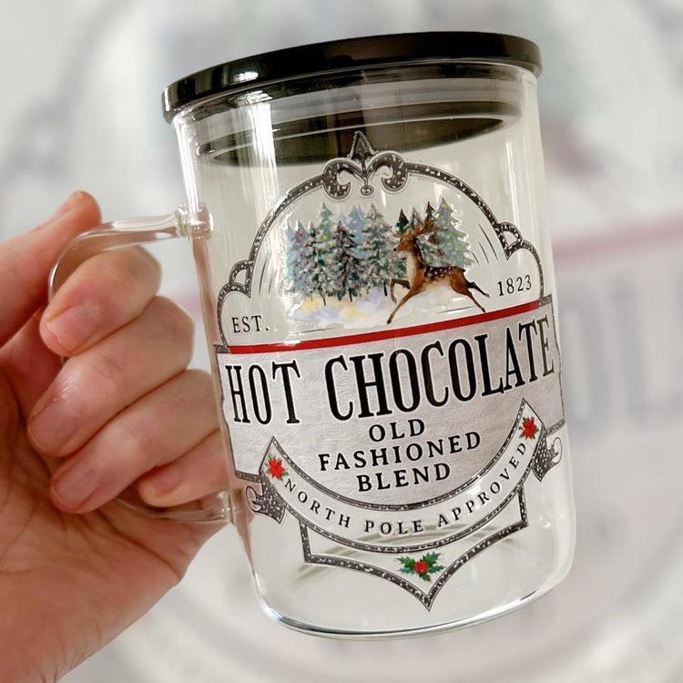 North Pole Approved Hot Chocolate Glass Mug, Plastic Lid & Straw Included