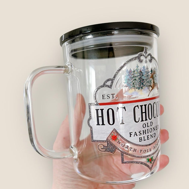 North Pole Approved Hot Chocolate Glass Mug, Plastic Lid & Straw Included