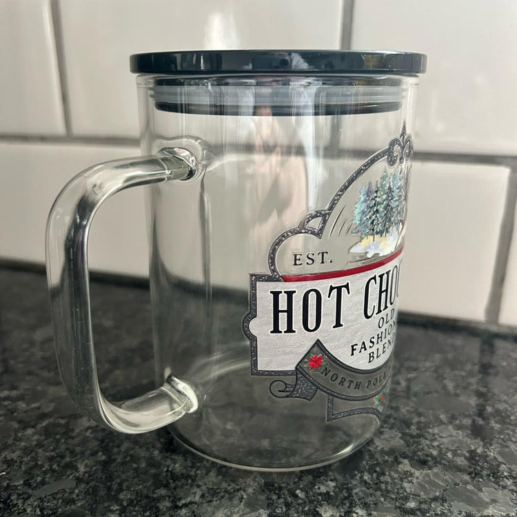 North Pole Approved Hot Chocolate Glass Mug, Plastic Lid & Straw Included