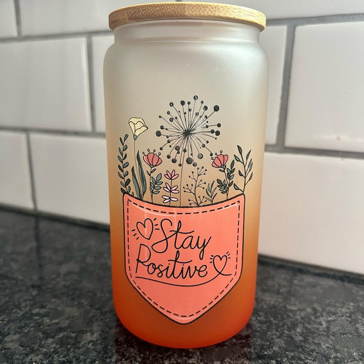 Stay Positive Frosted Orange Ombré Glass Can Cup