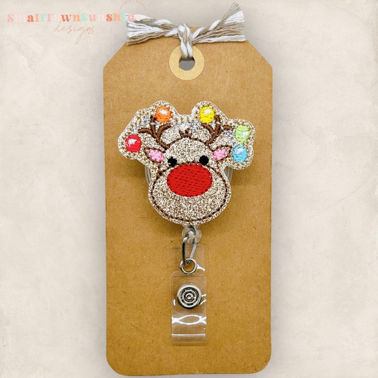 Reindeer With Lights Badge Reel, Christmas Badge Reel, Nurse Badge Clip, Teacher Lanyard, Coworker Gift, Retractable ID Holder | GLITTER