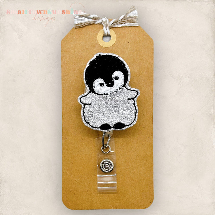 Baby Penguin Badge Reel, Winter Badge Reel, Nurse Badge Clip, Teacher Lanyard, Coworker Gift, Badge Buddy, Retractable ID Holder | GLITTER