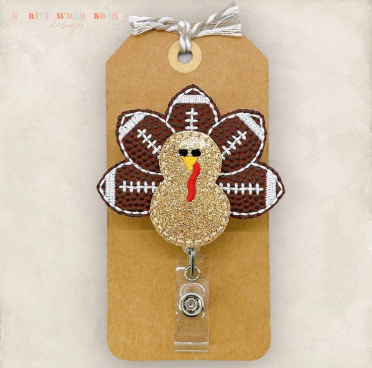 Football Turkey Badge Reel, Thanksgiving Badge, Nurse Badge Clip, Teacher Lanyard, Coworker Gift, Name Tag, Retractable ID Holder | GLITTER