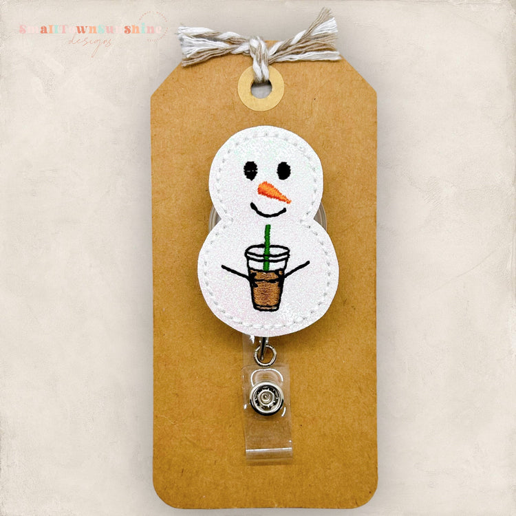 Iced Coffee Snowman Badge Reel, Winter Badge Reel, Nurse Badge Clip, Teacher Lanyard, Coworker Gift, Retractable ID Badge Holder | GLITTER