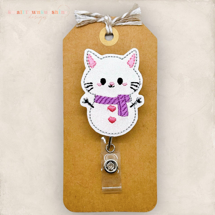 Cute Cat Snowman Badge Reel, Winter Badge Reel, Nurse Badge Clip, Teacher Lanyard, Coworker Gift, Retractable ID Badge Holder | GLITTER