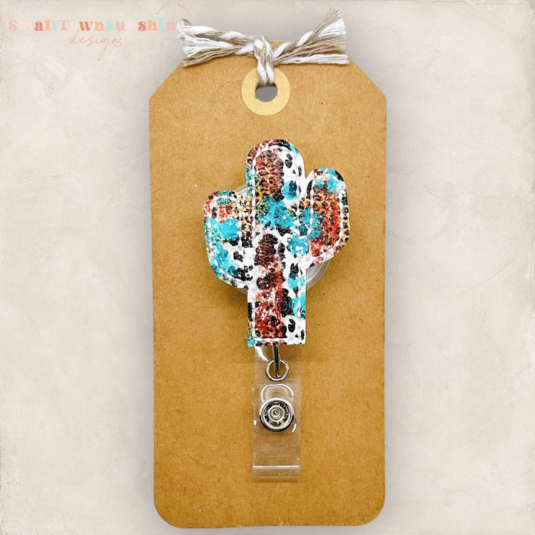 Cow Print Teal Cactus Badge Topper