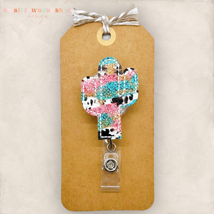 Cow Print Pink Cactus Badge Topper