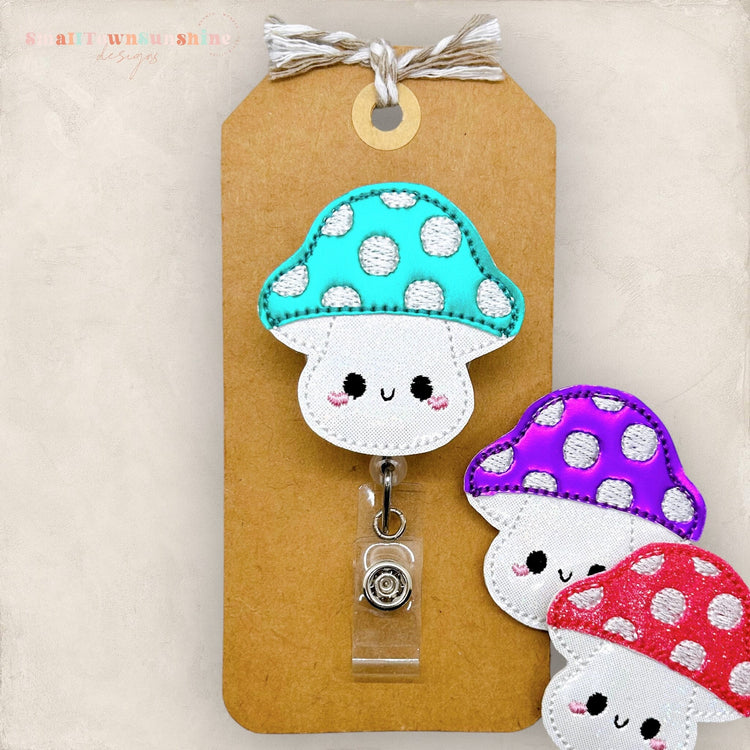 colorful mushroom badge reel