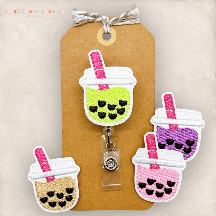 embroidered boba tea badge reel in 4 different colors