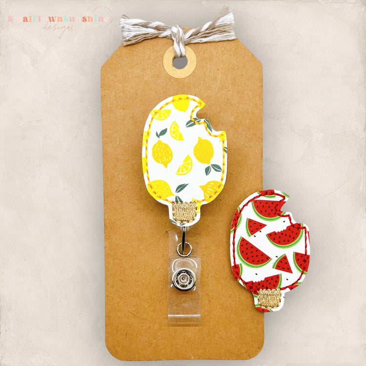 lemon or watermelon icy fruit pop badge reel