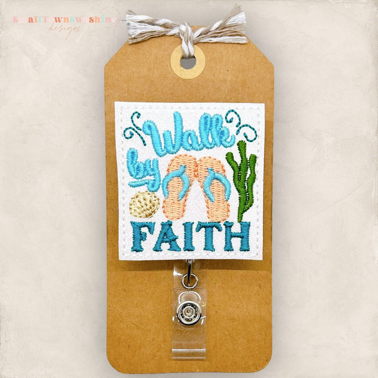 summer themed walk by faith embroidered badge reel