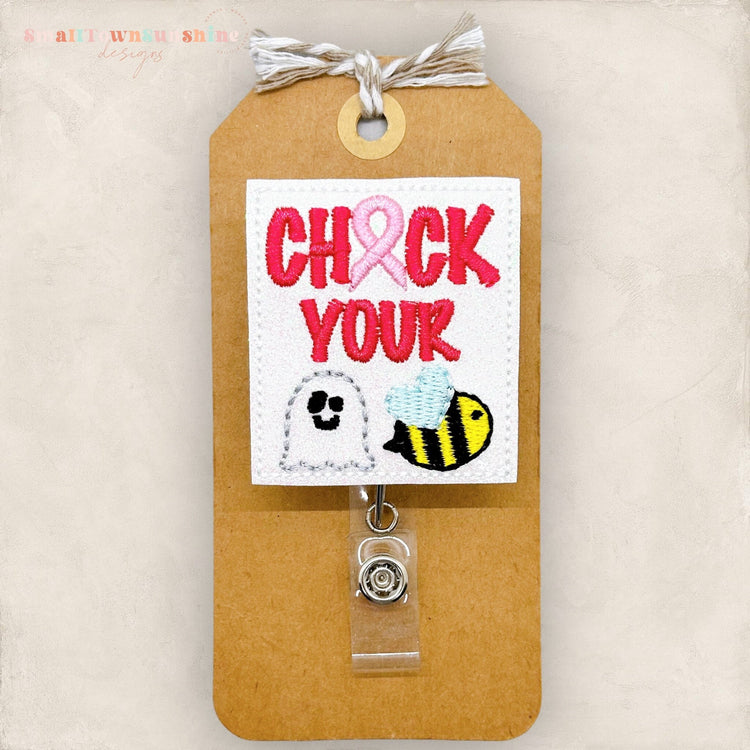 check your boo bees badge reel, breast cancer awareness with a ghost and a bee