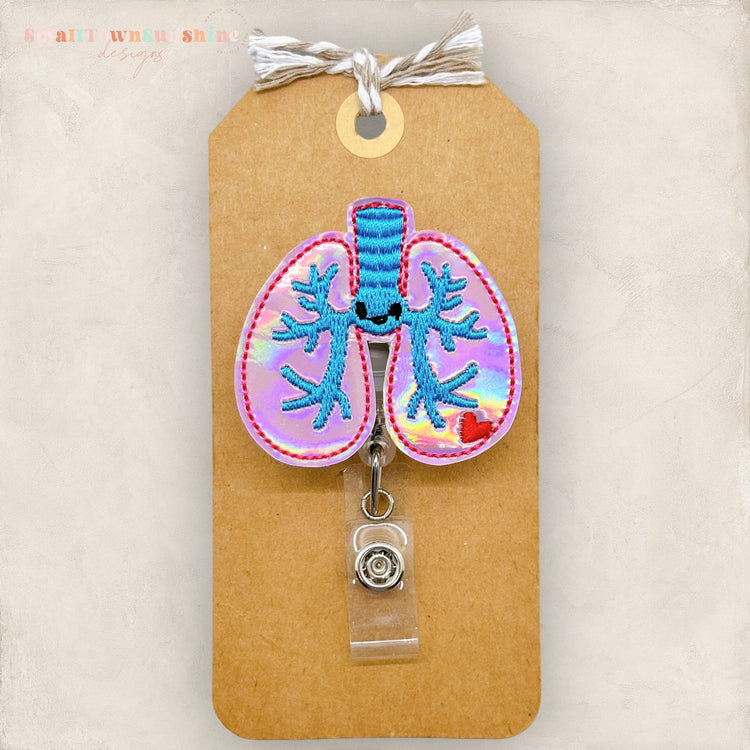 kawaii holographic pink lungs badge reel