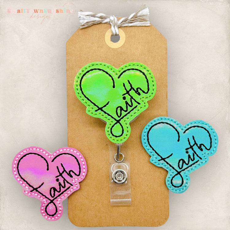 the word faith creating a heart shape badge reel with 3 different colors