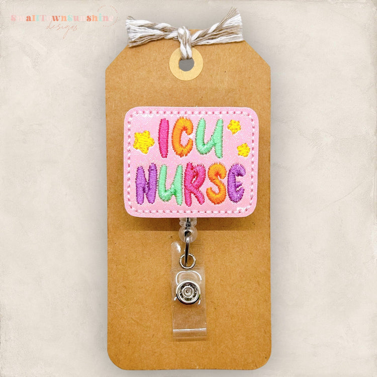 icu nurse with pink background and pastel lettering badge reel