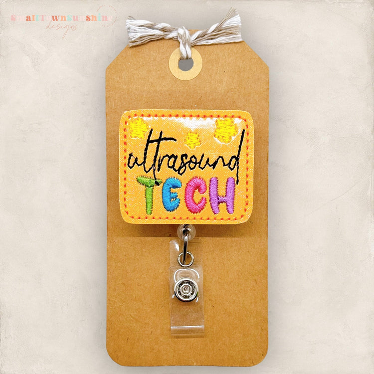 ultrasound tech with stars badge reel with orange background and bright lettering