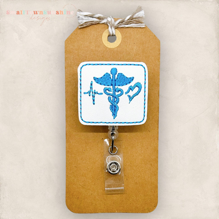 blue embroidered caduceus badge reel