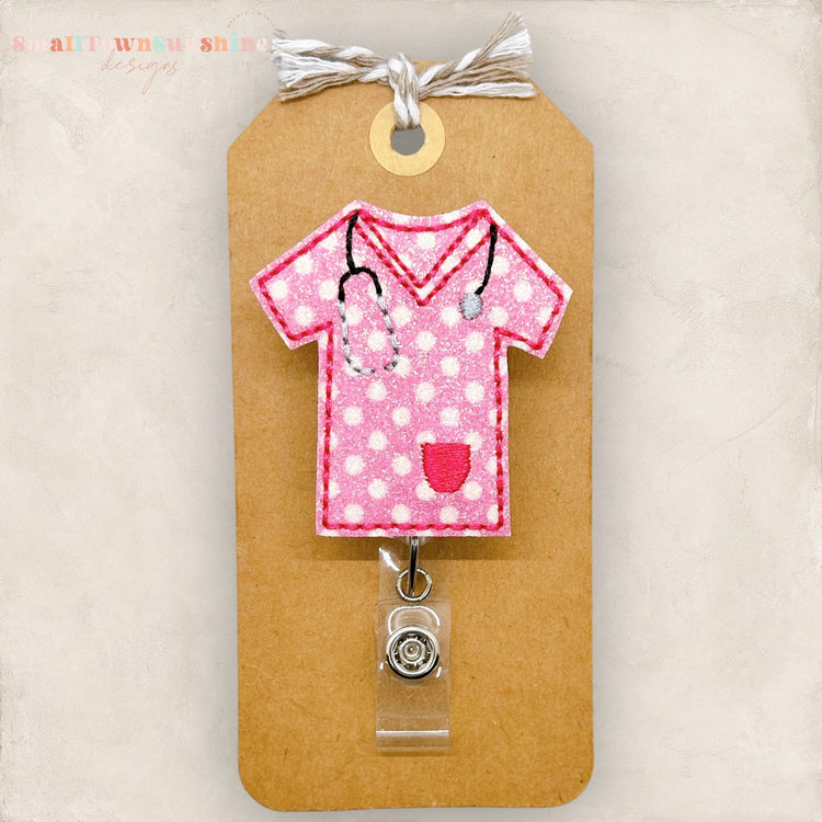 pink polka dot glitter scrub top badge reel