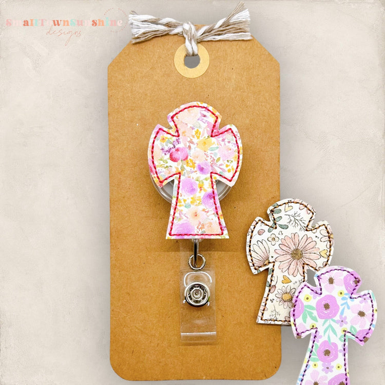 floral print cross badge reel in 3 different colors