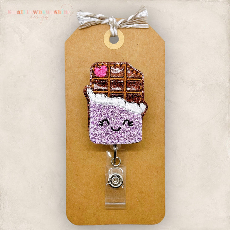 chocolate bar in purple wrapper badge reel