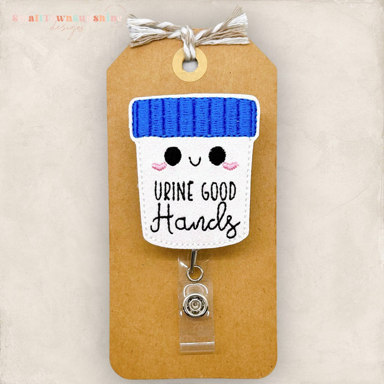 urine good hands specimen cup badge reel