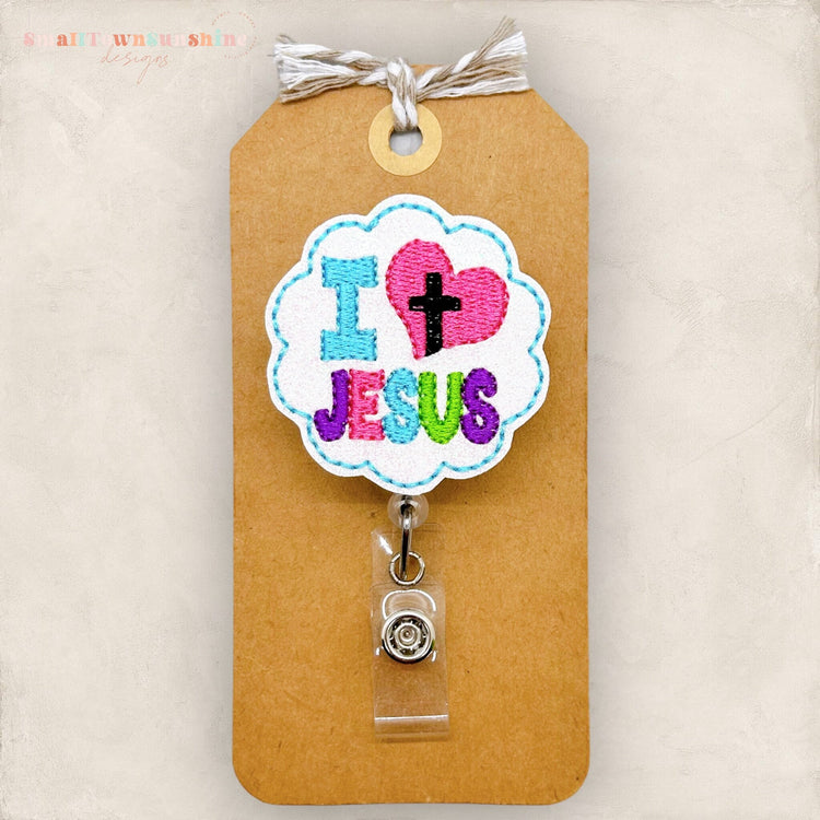 colorful i love jesus badge reel