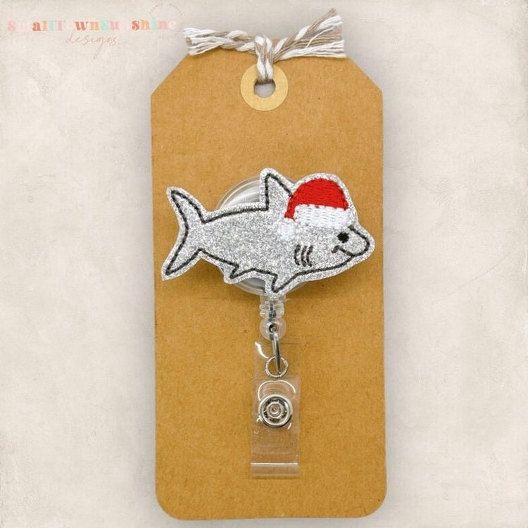 shark with santa hat embroidered badge reel