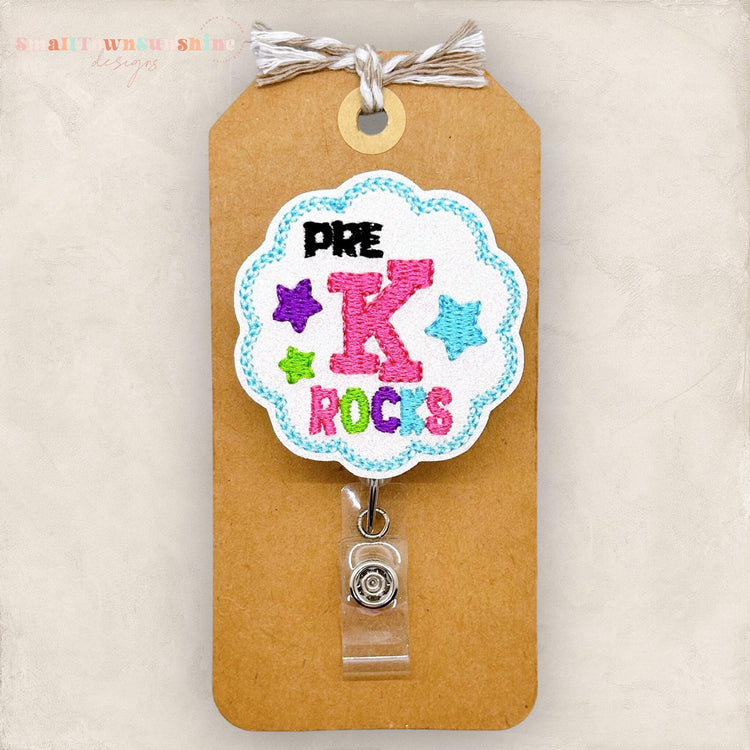 pre k rocks embroidered badge reel