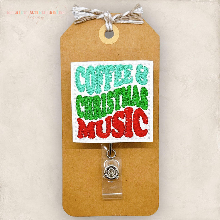 coffee and christmas music embroidered badge reel