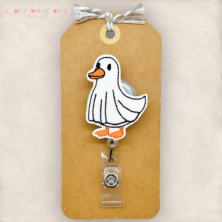 goose dressed as a ghost badge reel topper