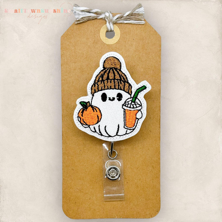 embroidered ghost with pumpkin and iced psl badge topper