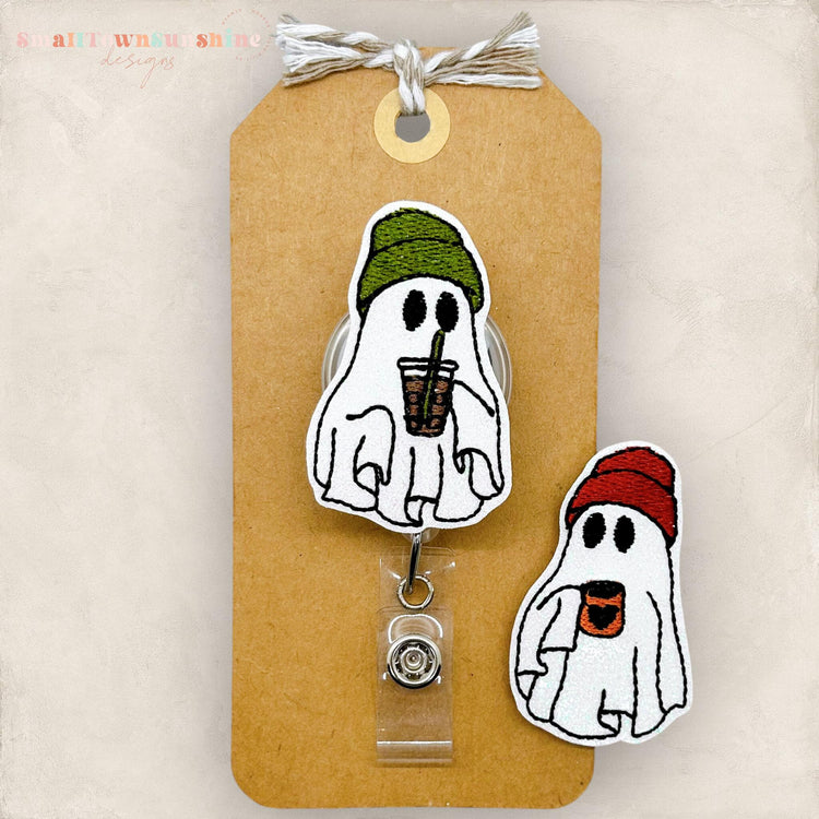 cute coffee ghost wearing beanie badge reel topper