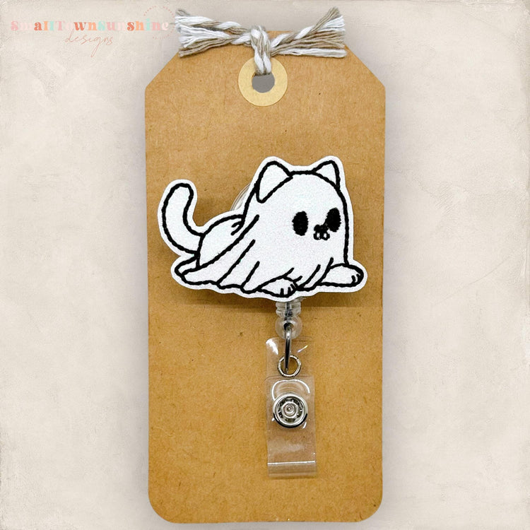 playful kitten ghost cat embroidered badge reel topper