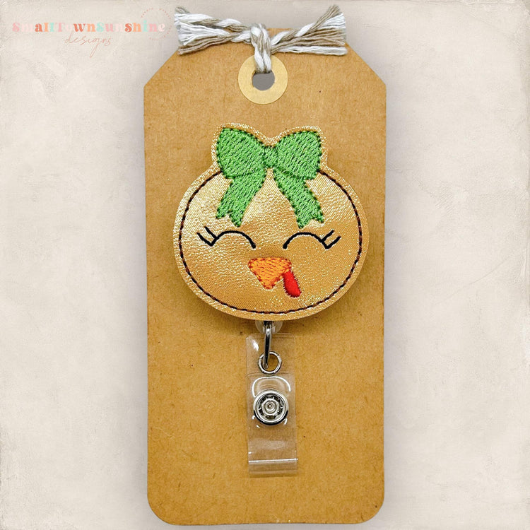 cute turkey face with green bow embroidered badge reel topper