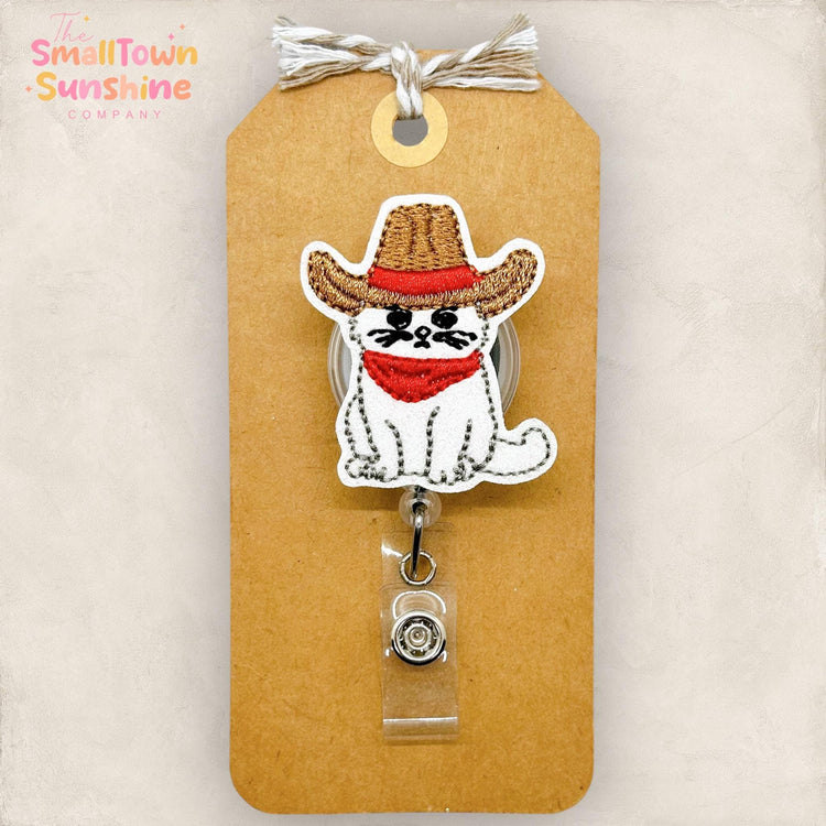 embroidered meowdy cat badge reel topper