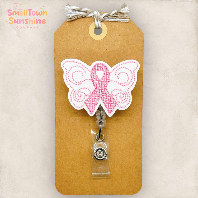 pink breast cancer awareness butterfly embroidered badge reel topper