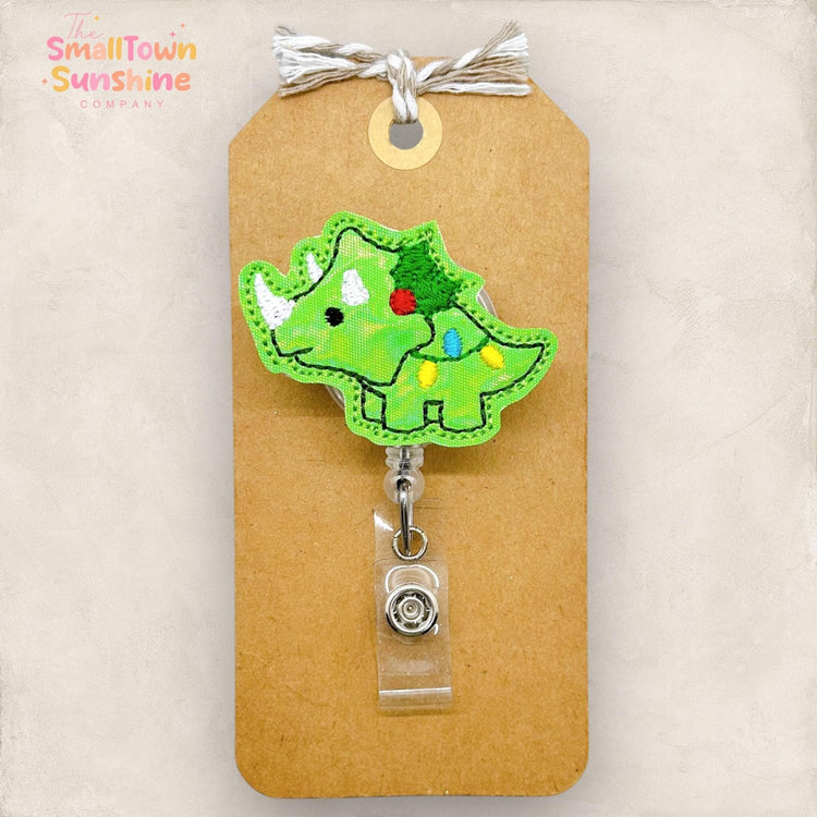 green christmas triceratops embroidered badge reel topper