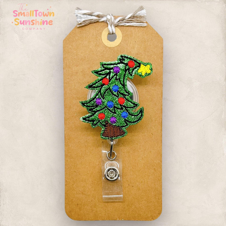 embroidered bent christmas tree badge reel topper