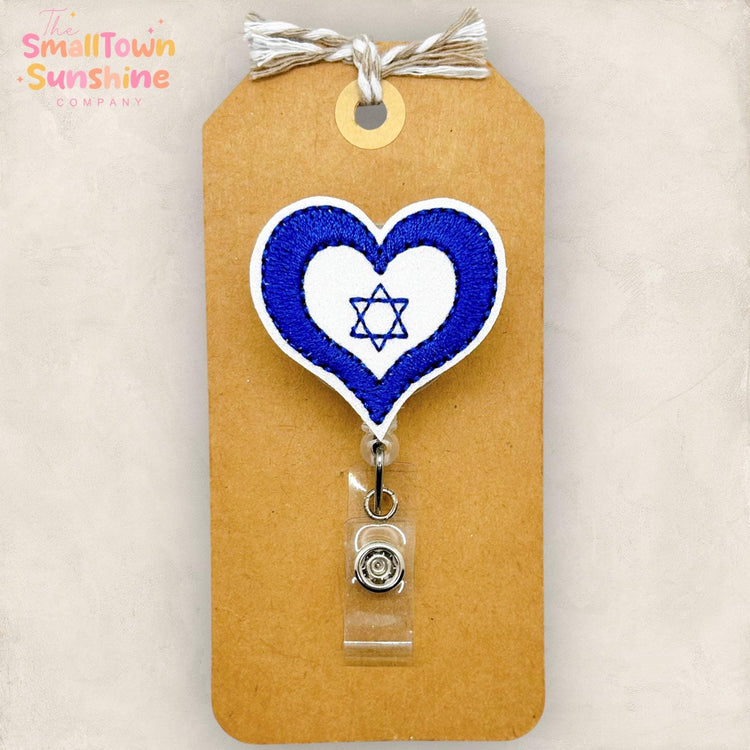 embroidered blue heart with the star of david in the center
