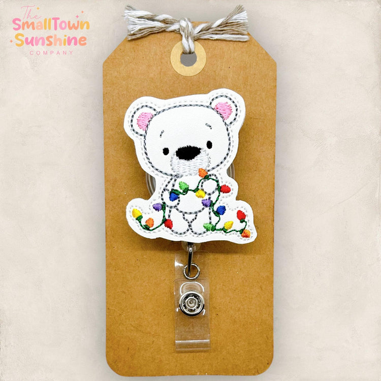 embroidered polar bear with christmas lights