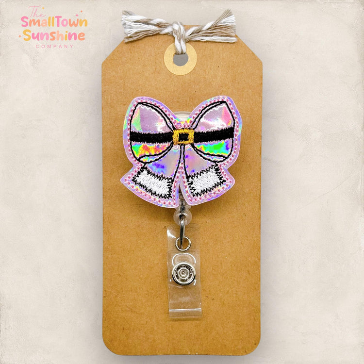 holographic pink christmas bow embroidered badge reel topper