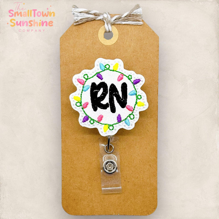 RN Christmas lights embroidered badge reel topper